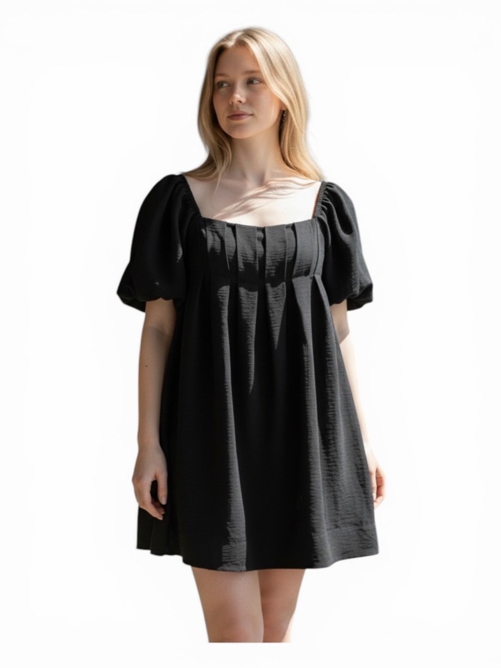 HALARA Black Puff-Sleeve Square-Neck Open Tie Back Mini Dress
